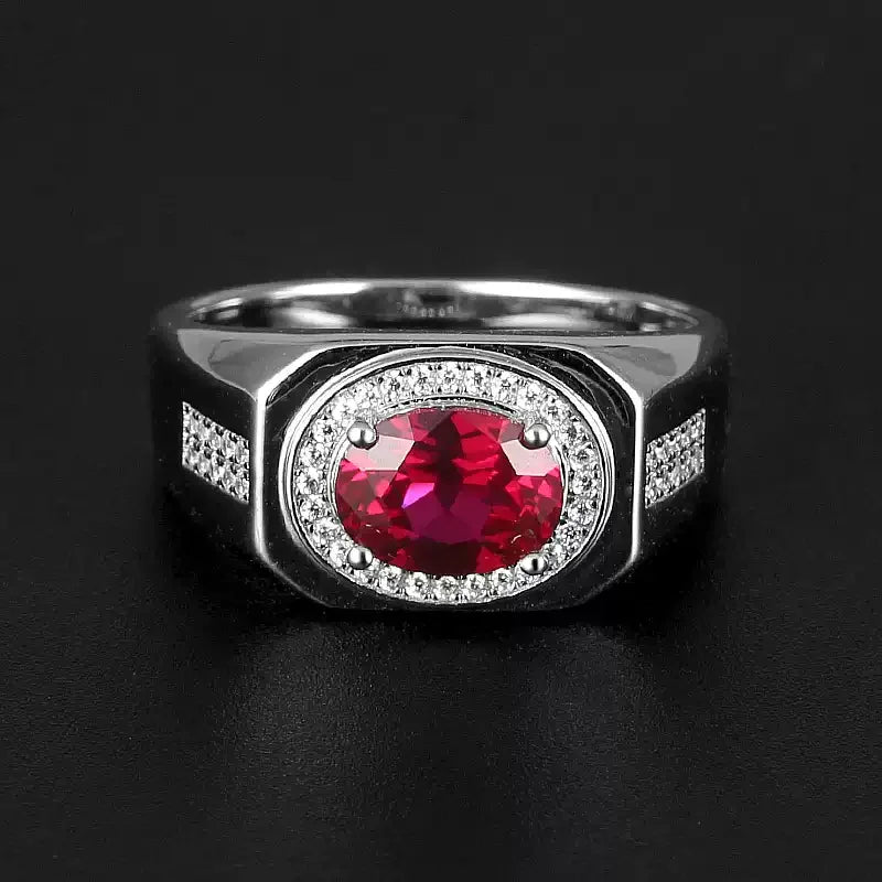Oval Ruby Halo Men's Ring — angled ring view