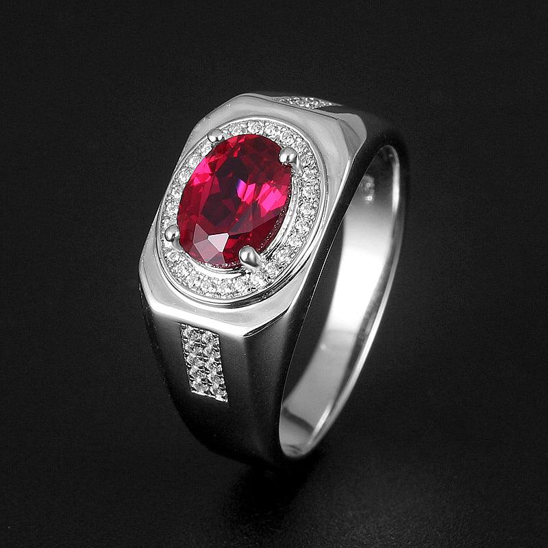Oval Ruby Halo Men's Ring — ring worn on hand