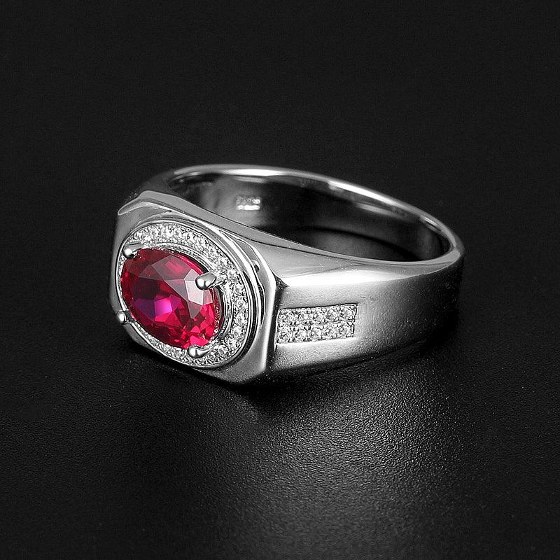 Oval Ruby Halo Men's Ring — side profile of ring