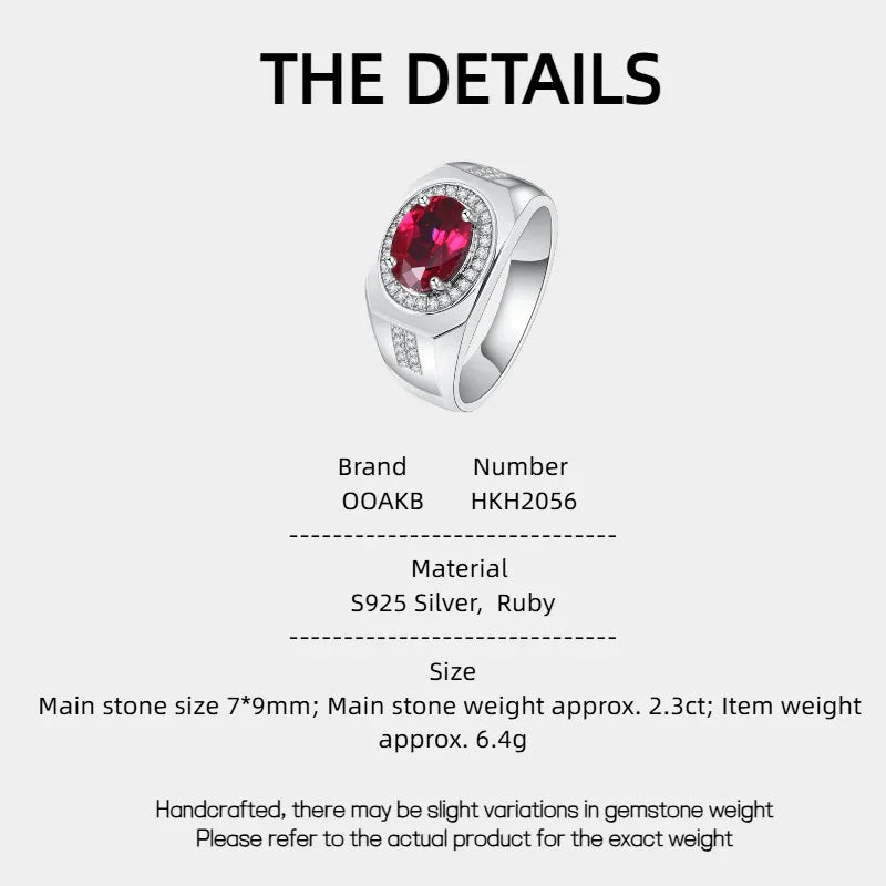 Oval Ruby Halo Men's Ring — specification card with material and size details