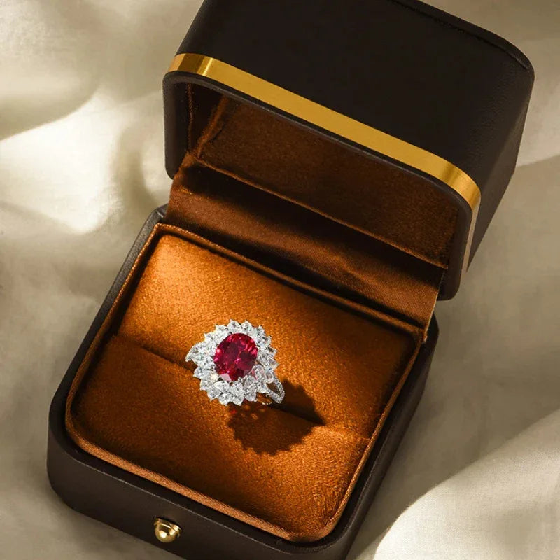 Oval Ruby Halo Statement Ring — angled ring view 7