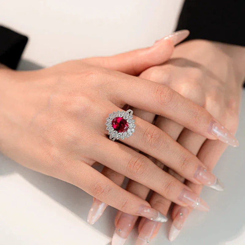 Oval Ruby Halo Statement Ring — close-up of ruby setting
