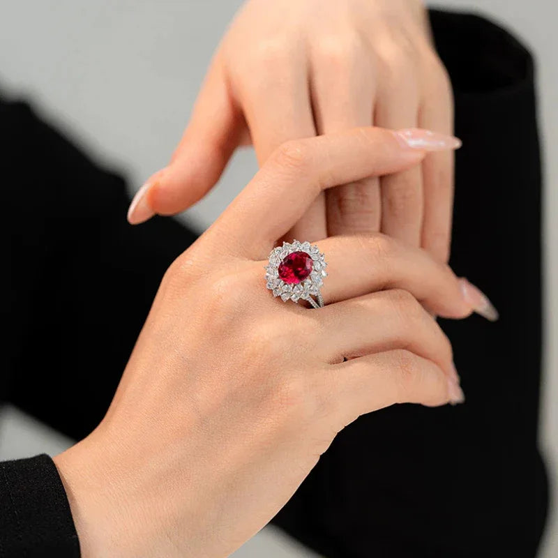 Oval Ruby Halo Statement Ring — side profile of ring