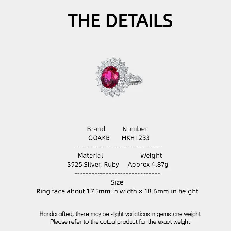 Oval Ruby Halo Statement Ring — specification card with material and size details