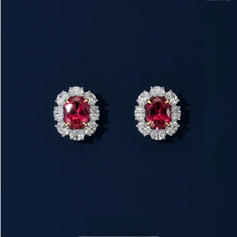 Oval Ruby Halo Stud Earrings — earrings worn on ear 7