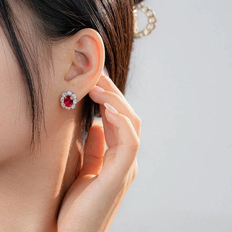 Oval Ruby Halo Stud Earrings — paired earrings view