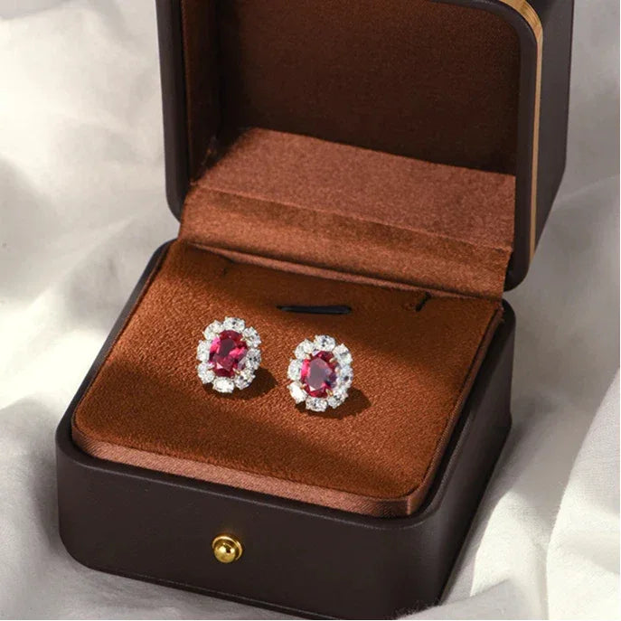 Oval Ruby Halo Stud Earrings — side and post detail