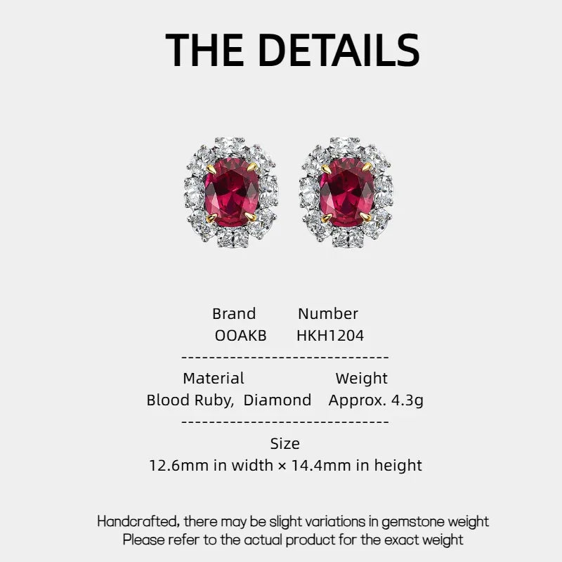 Oval Ruby Halo Stud Earrings — specification card with material and size details