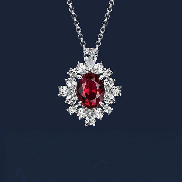 Oval Ruby Starburst Pendant Necklace — full necklace view