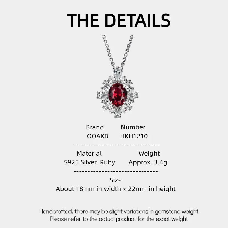 Oval Ruby Starburst Pendant Necklace — specification card with material and size details
