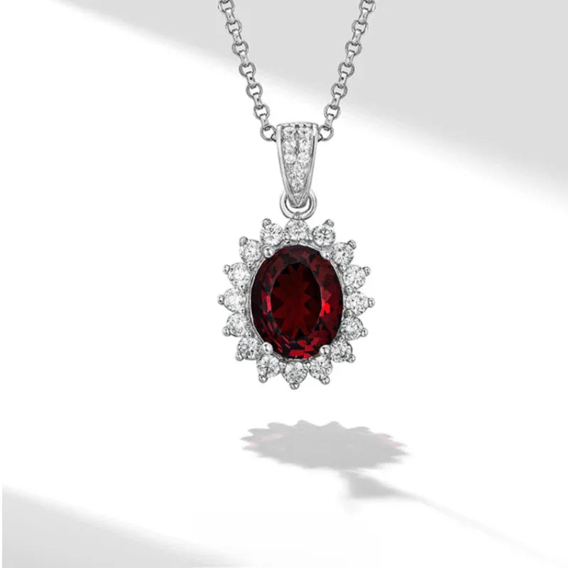 Oval Ruby Starburst Pendant Necklace with Dark Center — full necklace view