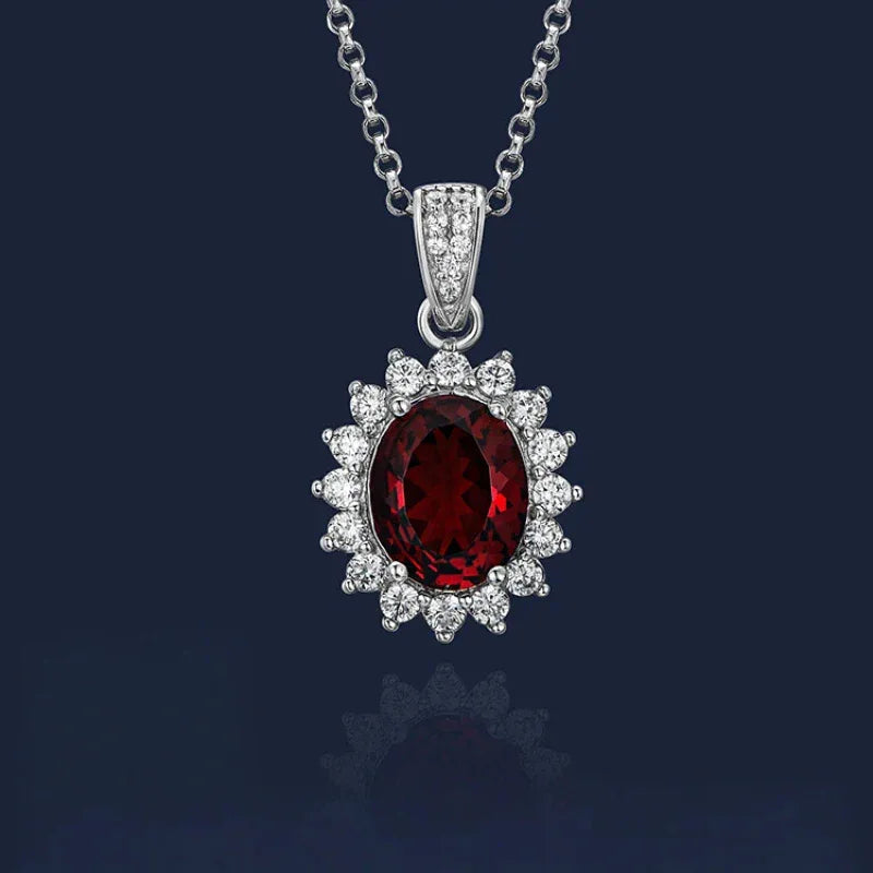 Oval Ruby Starburst Pendant Necklace with Dark Center — pendant setting detail