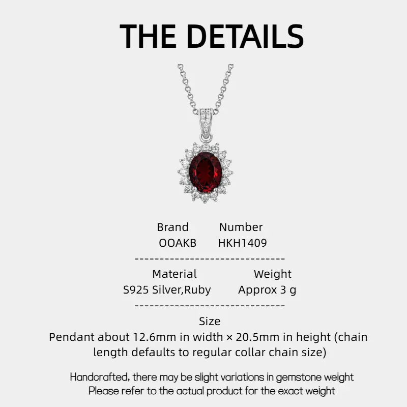 Oval Ruby Starburst Pendant Necklace with Dark Center — specification card with material and size details