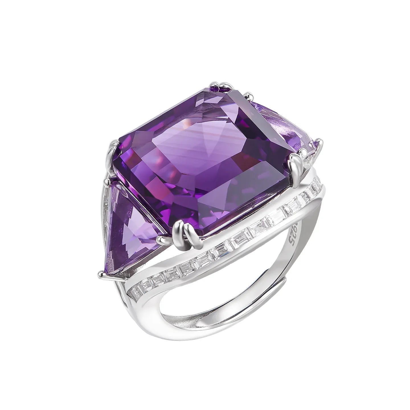 oversized amethyst open ring angled product view on a white background