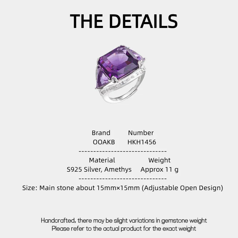 oversized amethyst open ring specification card with product measurements