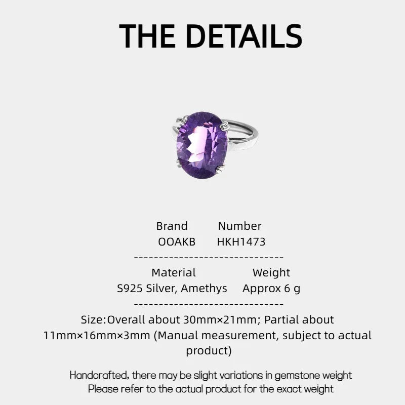 oversized oval amethyst ring specification card with product measurements