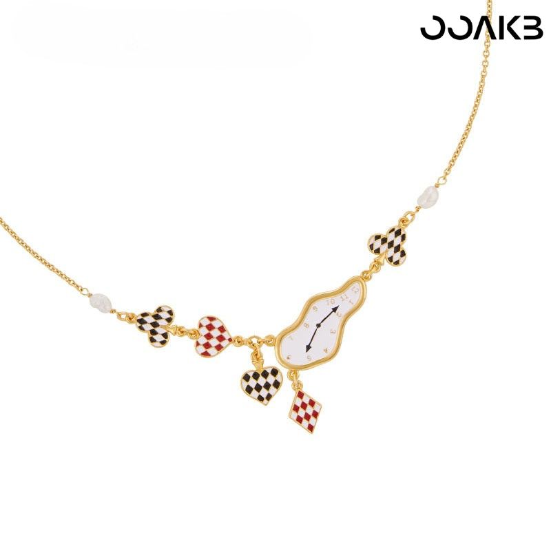 Full view of the gold-plated Alice clock necklace with pearl accents—perfect for personalizing your paper wedding story