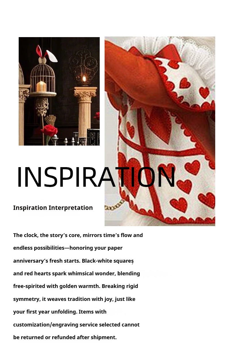Design inspiration for the paper wedding necklace: clock symbolizes time’s flow, checkered/heart motifs spark whimsy. Items with customization cannot be returned.