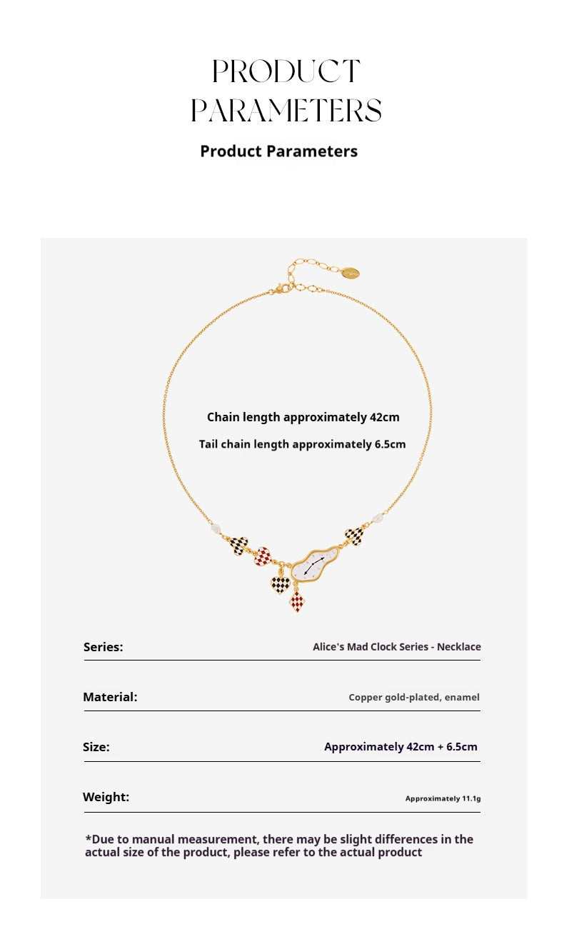 Product parameters of the copper-gold-plated Alice clock necklace: 42cm chain + 6.5cm extender—customizable for paper anniversary gifting