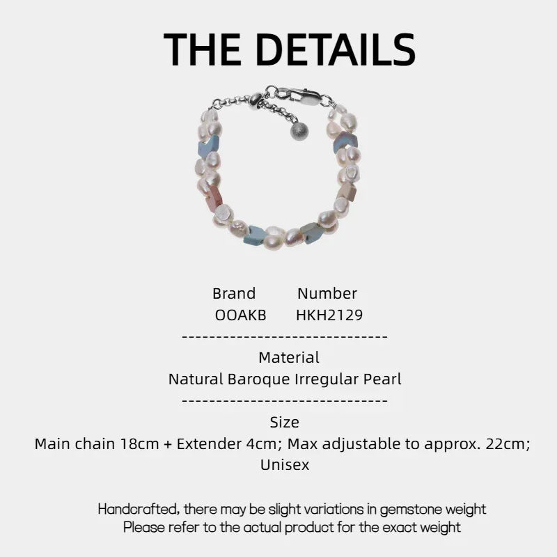 Pastel Baroque Pearl Double-Strand Bracelet — specification card with material and size details