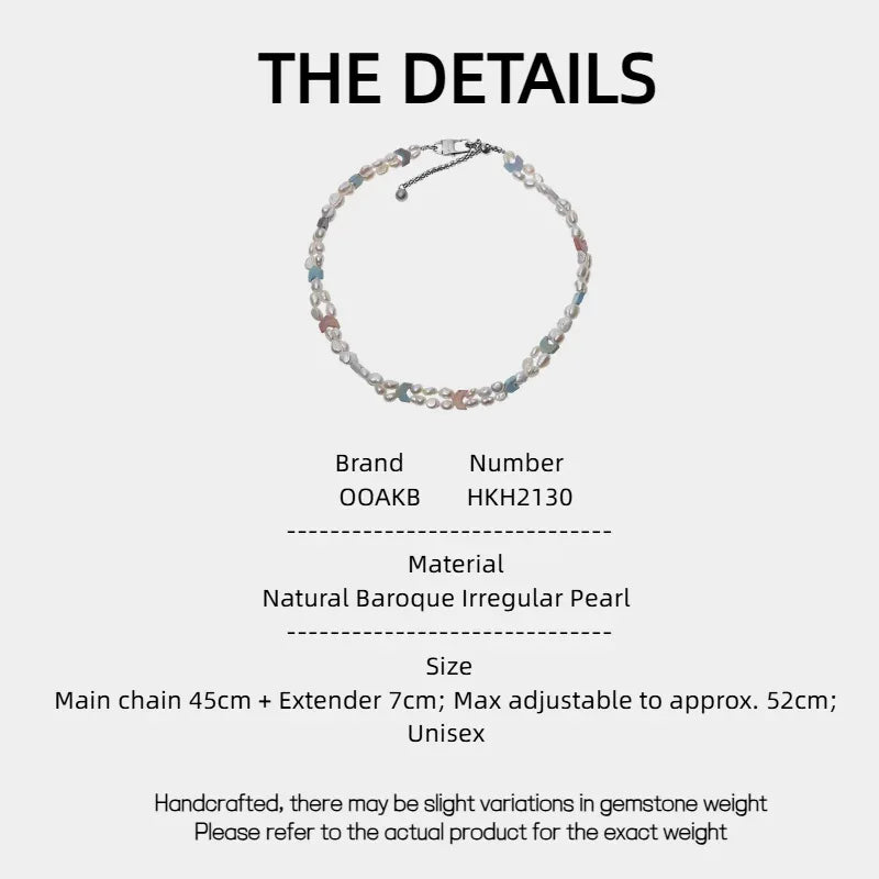 Pastel Baroque Pearl Double-Strand Necklace — specification card with material and size details