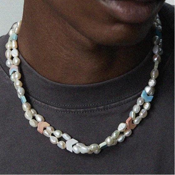 Pastel Baroque Pearl Double-Strand Necklace — front neckline-worn close-up over a dark shirt