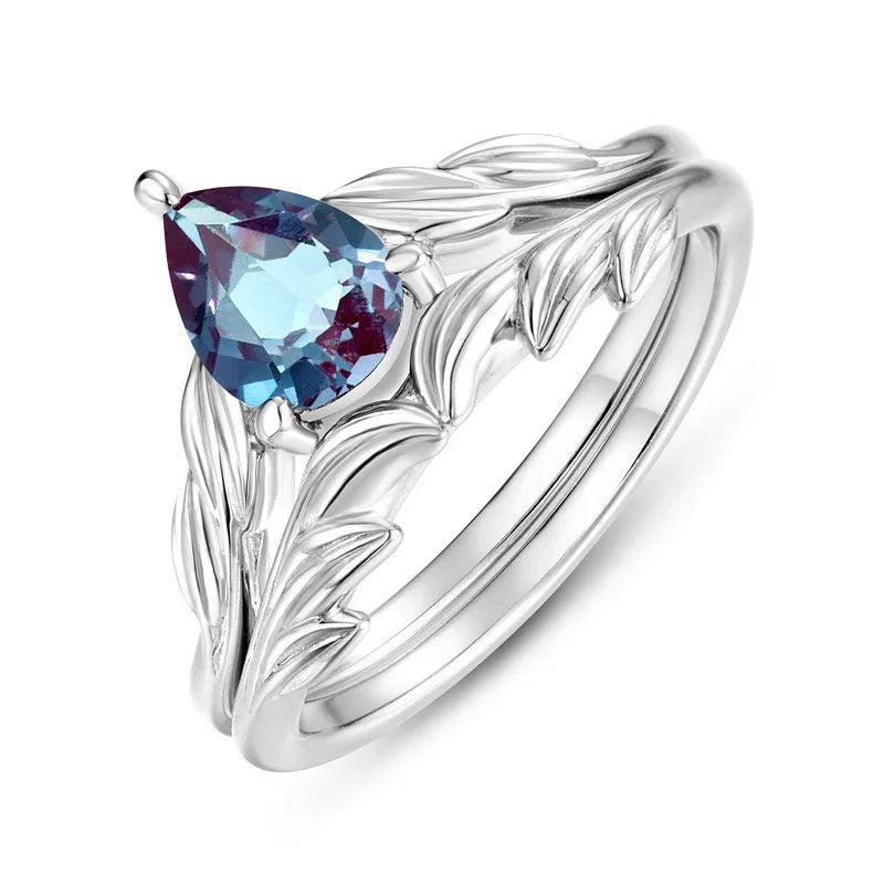 Pear-cut Alexandrite leaf stack ring, alternate front product view on a white background