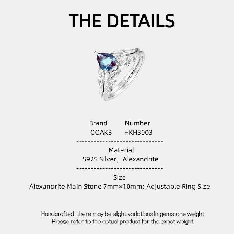 Pear-cut Alexandrite leaf stack ring, product specification card with text