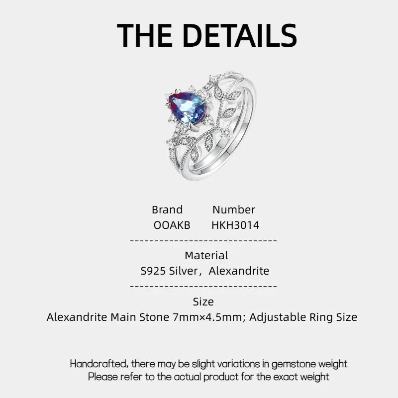 Pear-cut Alexandrite vine stack ring with leaf accents, product specification card with text
