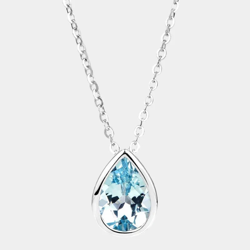 Pear-Cut Aquamarine Bezel Pendant Necklace full necklace view on a white background