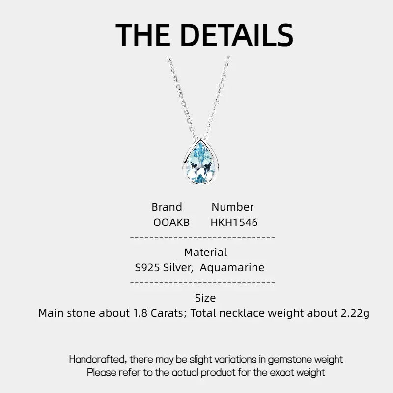 Pear-Cut Aquamarine Bezel Pendant Necklace specification card with product measurements