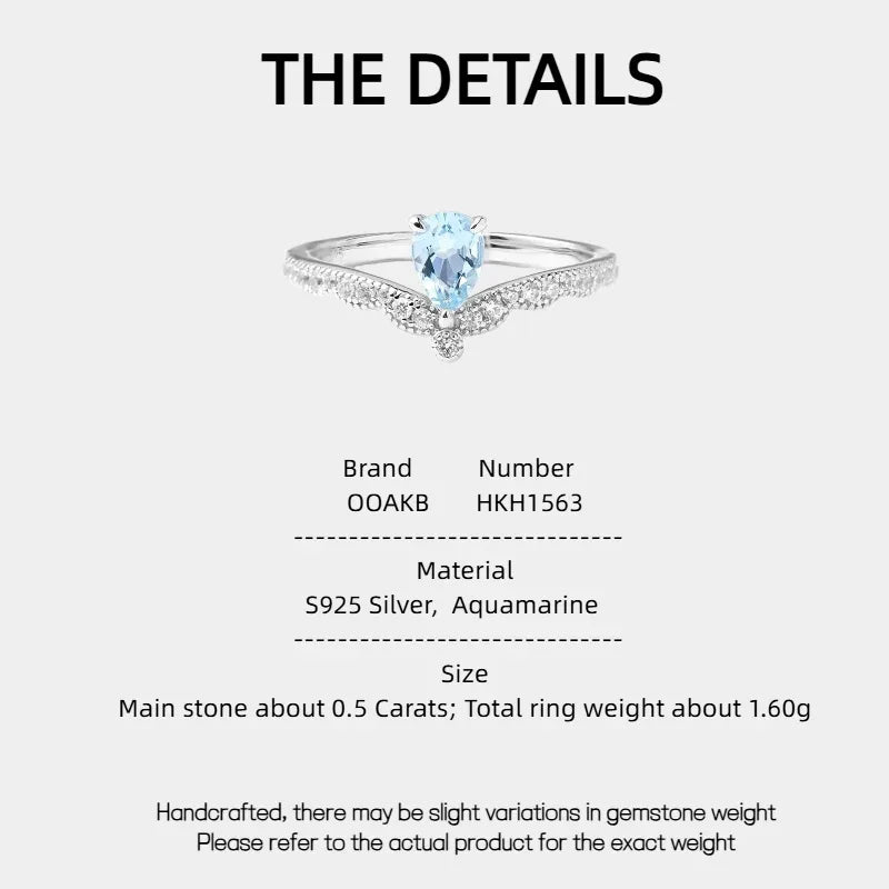 Pear-Cut Aquamarine Chevron Ring specification card with product measurements