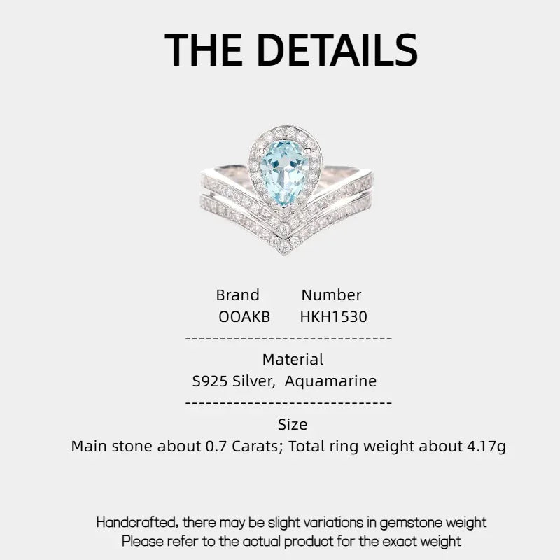 Pear-Cut Aquamarine Crown Stack Ring specification card with product measurements