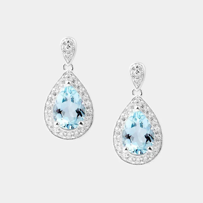 Pear-Cut Aquamarine Halo Drop Earrings paired product view on a white background