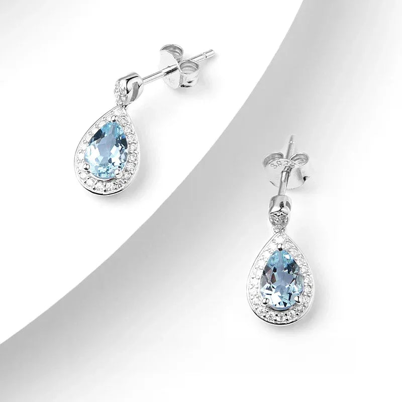 Pear-Cut Aquamarine Halo Drop Earrings rear view showing earring backs