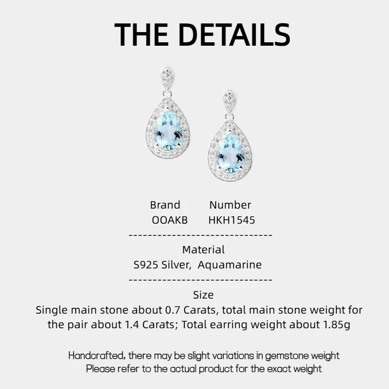 Pear-Cut Aquamarine Halo Drop Earrings specification card with product measurements