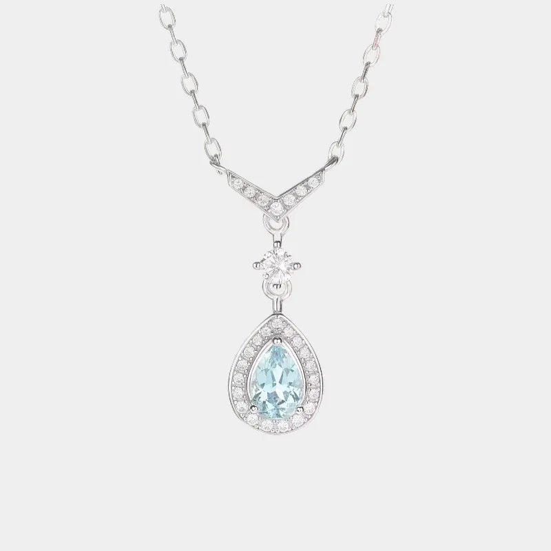 Pear-Cut Aquamarine Halo Drop Necklace full necklace view on a white background