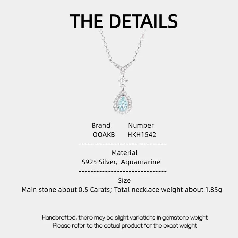 Pear-Cut Aquamarine Halo Drop Necklace specification card with product measurements