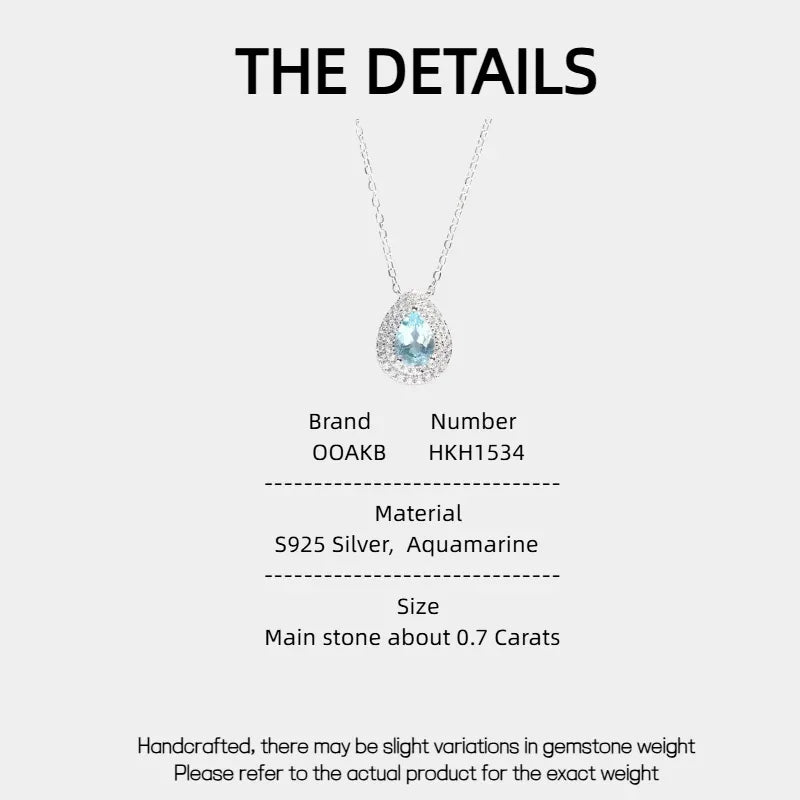 Pear-Cut Aquamarine Halo Pendant Necklace specification card with product measurements