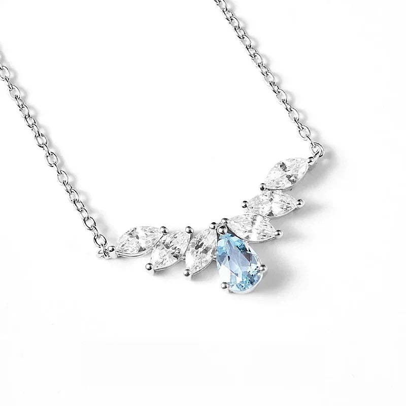 Pear-Cut Aquamarine Leaf Accent Necklace angled pendant detail on white