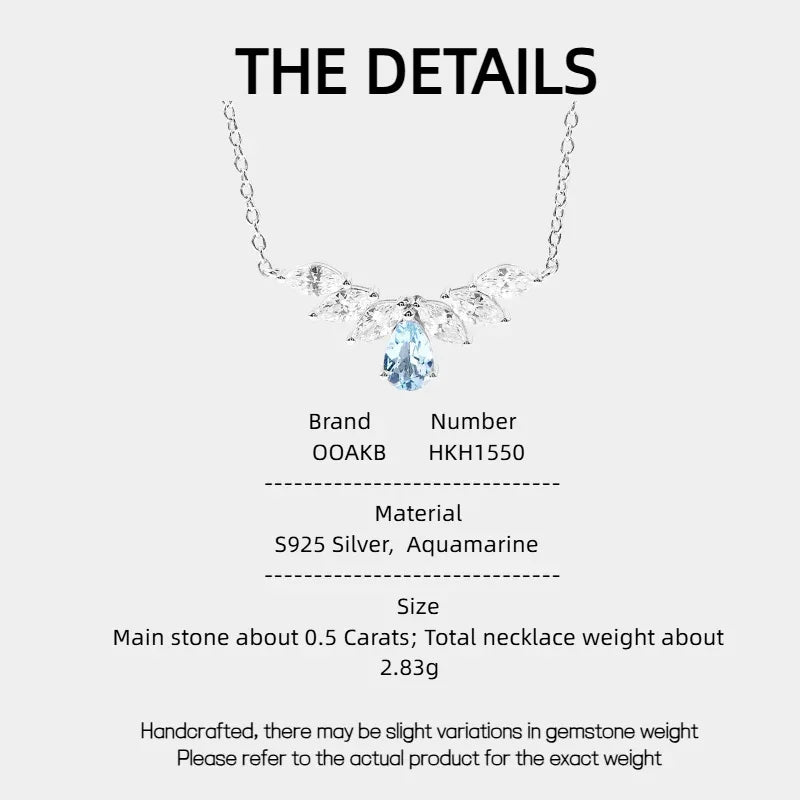 Pear-Cut Aquamarine Leaf Accent Necklace specification card with product measurements