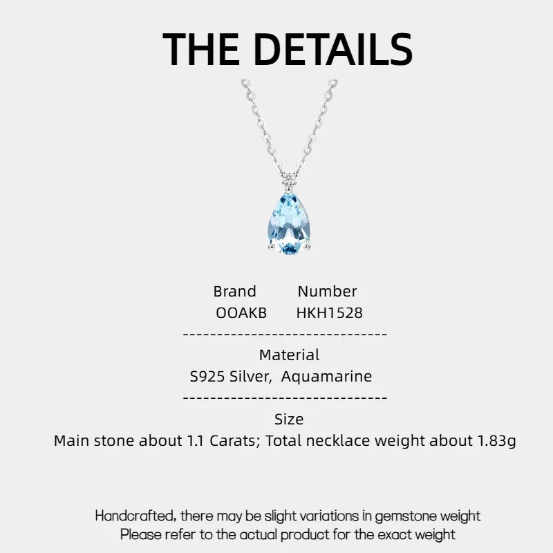 Pear-Cut Aquamarine Pendant Necklace specification card with product measurements
