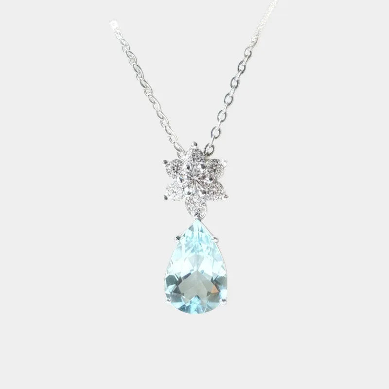 Pear-Cut Aquamarine Snowflake Drop Necklace full necklace view on a white background
