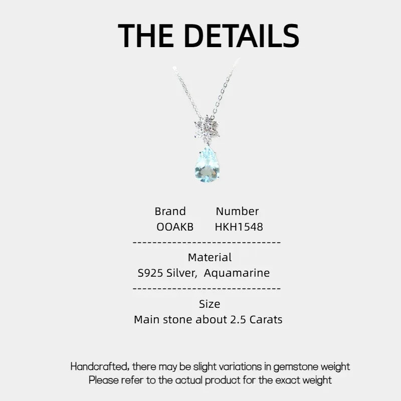 Pear-Cut Aquamarine Snowflake Drop Necklace specification card with product measurements