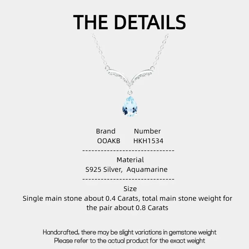 Pear-Cut Aquamarine Wing Pendant Necklace specification card with product measurements