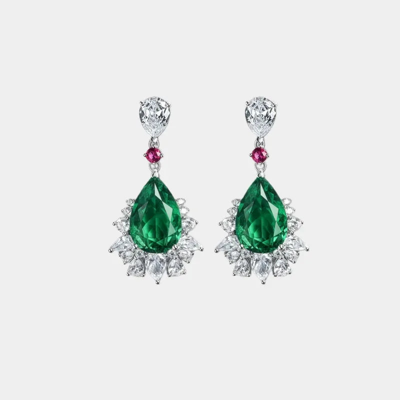 Pear-Cut Emerald and Pink Accent Drop Earrings paired product view on a white background