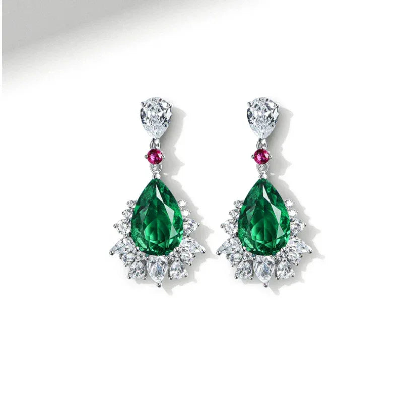 Pear-Cut Emerald and Pink Accent Drop Earrings rear view showing earring backs