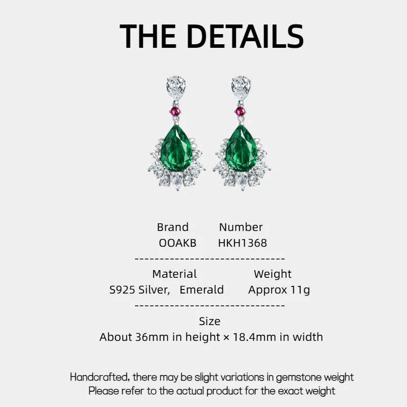Pear-Cut Emerald and Pink Accent Drop Earrings specification card with product measurements