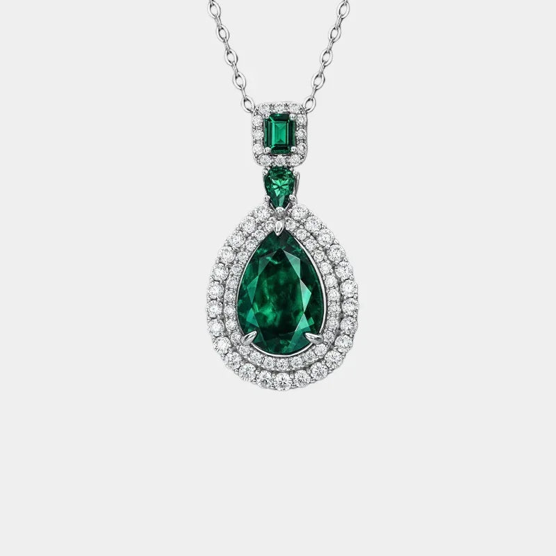 Pear-Cut Emerald Double-Halo Pendant Necklace full necklace view on a white background