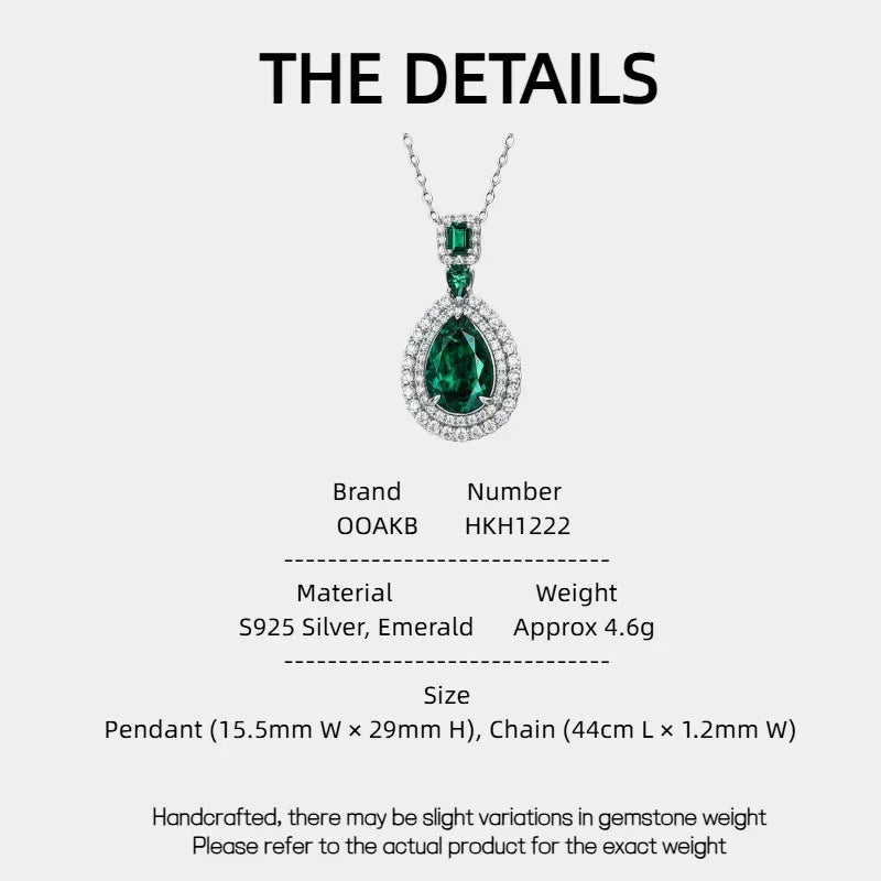 Pear-Cut Emerald Double-Halo Pendant Necklace specification card with product measurements